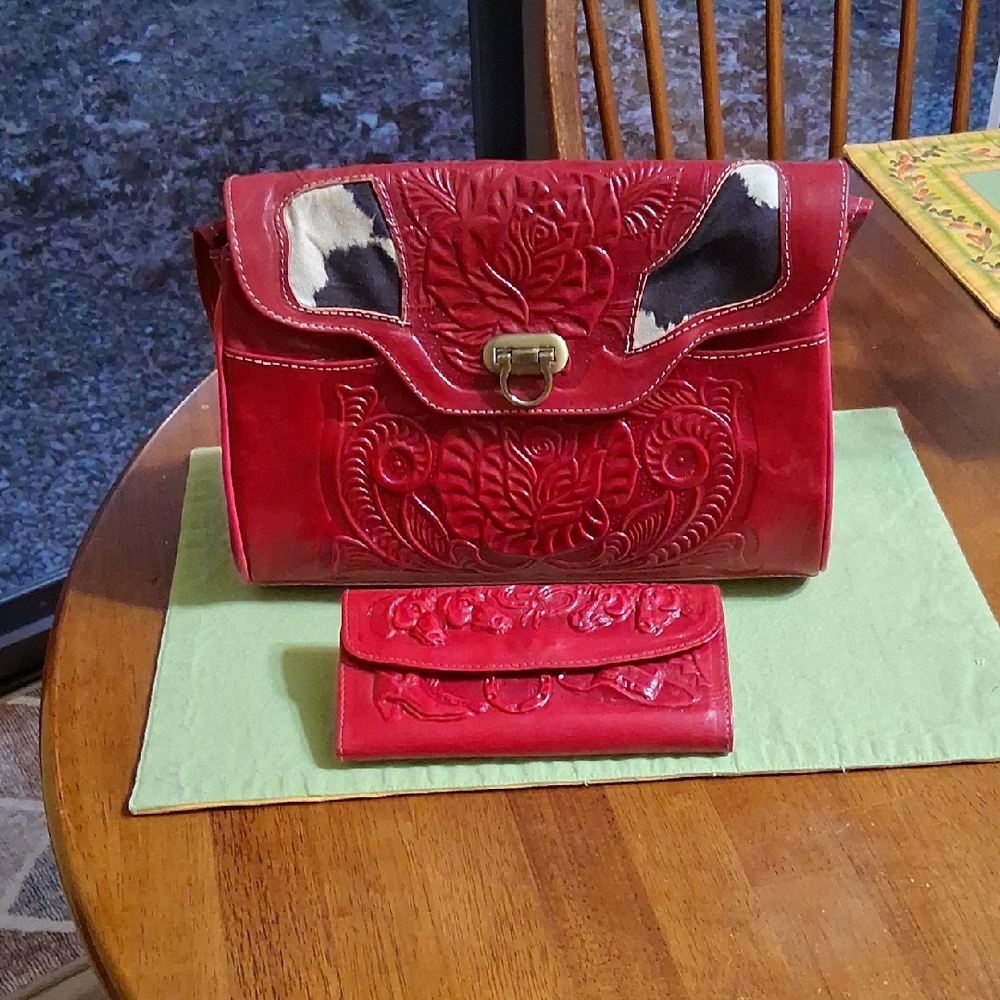 Dark Pink Embossed Leather Handbag and Wallet Set